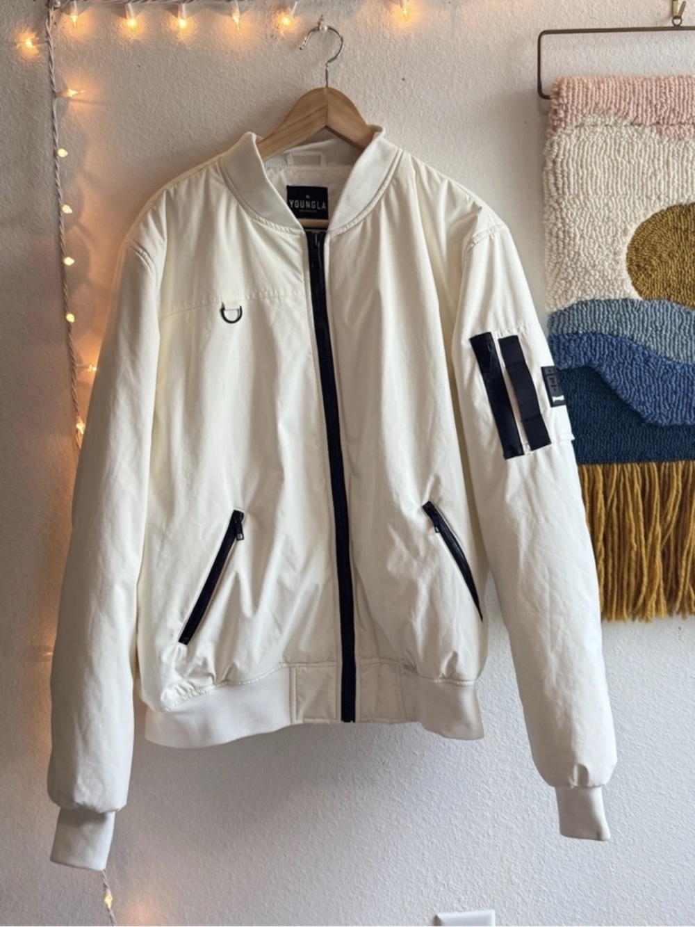YoungLA Bomber Jacket Mens M White Full Zip Gym Nylon Flight Military Casual